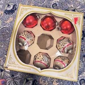 7 Vintage Shiny Brite Stenciled Frosty Snowman Red Stripe & Red Ornaments USA